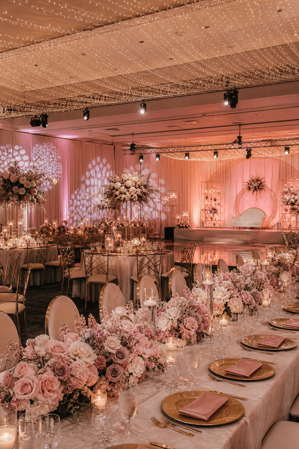 Illustrative banquet hall styled for a quinceañera with blush florals and soft lighting