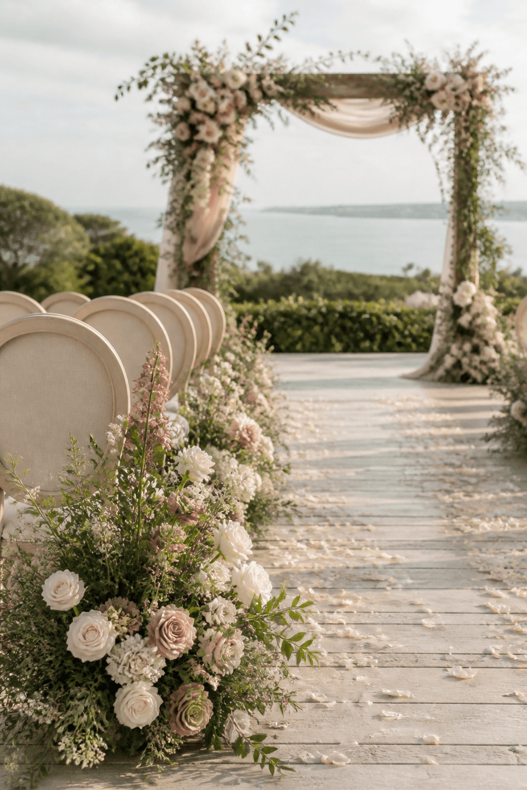 Illustrative outdoor wedding ceremony aisle with floral arch