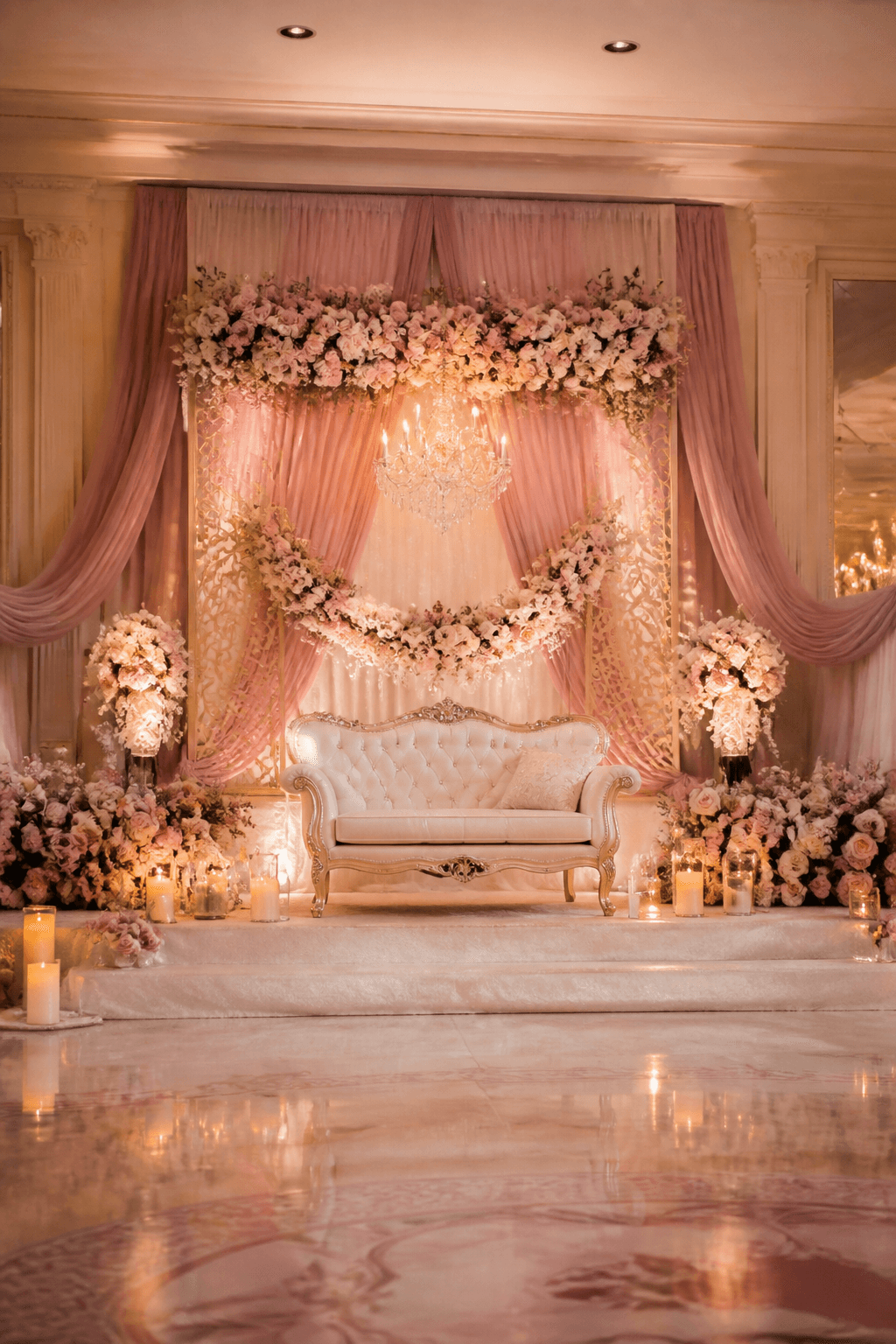 Illustrative quinceañera stage with floral backdrop and soft draping