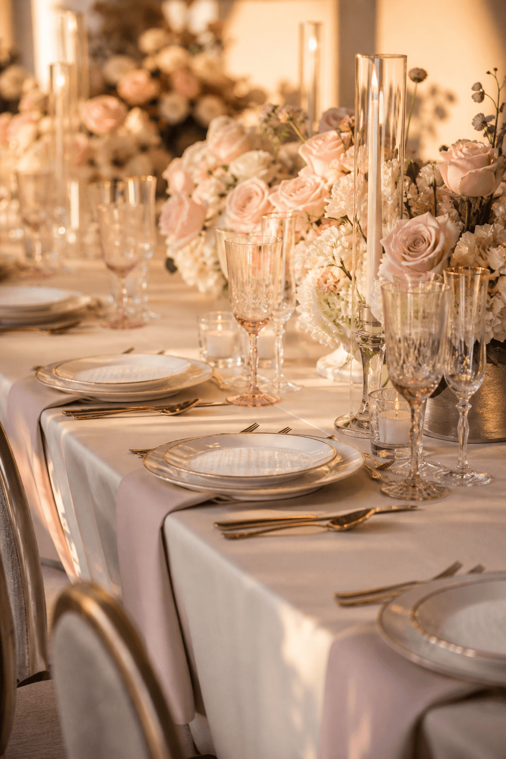 Illustrative intimate celebration table with pink décor and candlelight